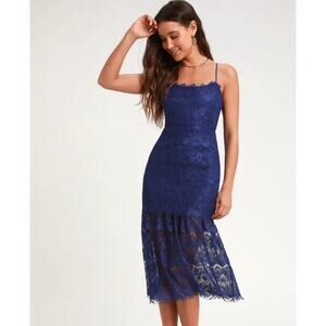 LULUS Wagner Lace Ruffled Tiered Sleeveless Midi Trumpet Dress Blue Large Formal